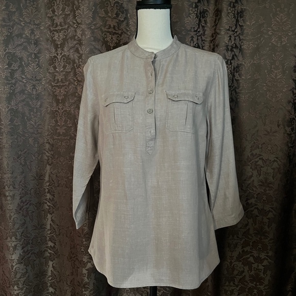 L.L. Bean Linen Tencel Blend Johnny Collar Shirt Taupe Soft Lightweight Comfy S - Picture 2 of 8